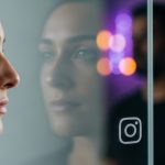 Persona serena perfilada mirando a través de cristal con logo de Instagram