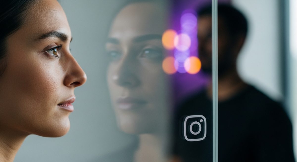 Persona serena perfilada mirando a través de cristal con logo de Instagram
