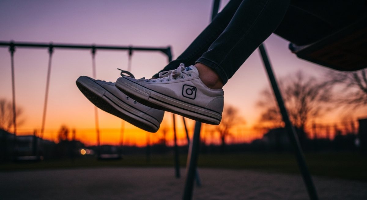 Piernas en zapatillas vintage con logo de cámara de Instagram