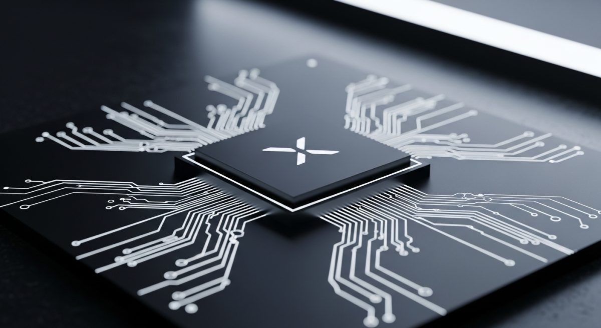 Placa de circuito negro mate con logo X en el chip