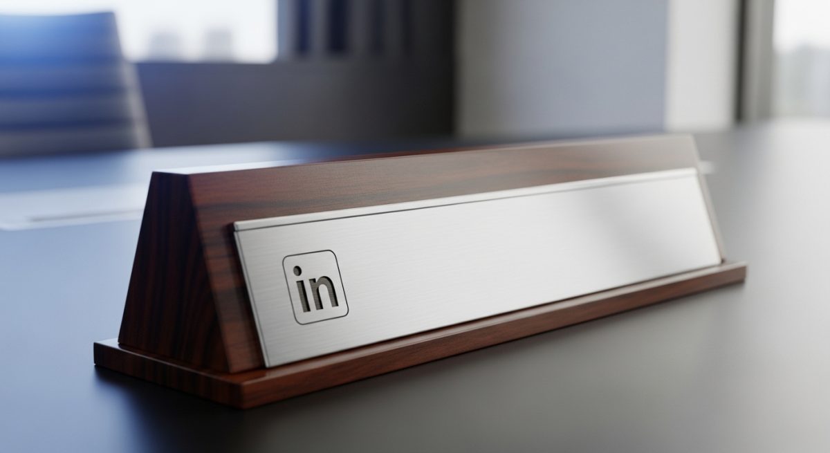 Placa de escritorio minimalista con logo de LinkedIn grabado