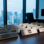 Placas de metal elegantes en escritorio con logo de LinkedIn
