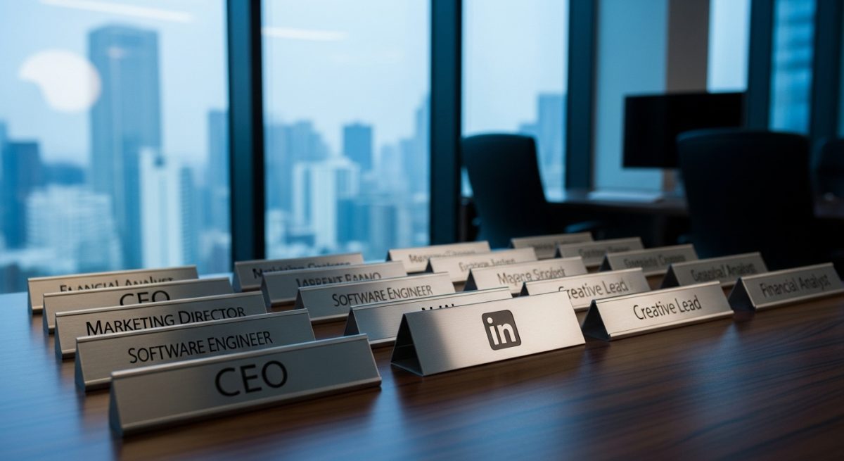 Placas de metal elegantes en escritorio con logo de LinkedIn
