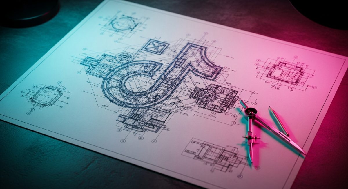 Plano detalle de un plano ingenieril con logo de TikTok