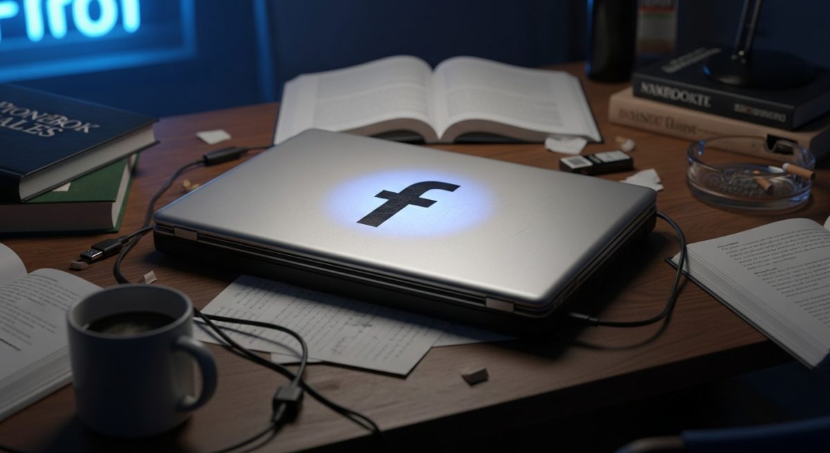 Portátil vintage de principios de 2000 con reflejo del logo de Facebook