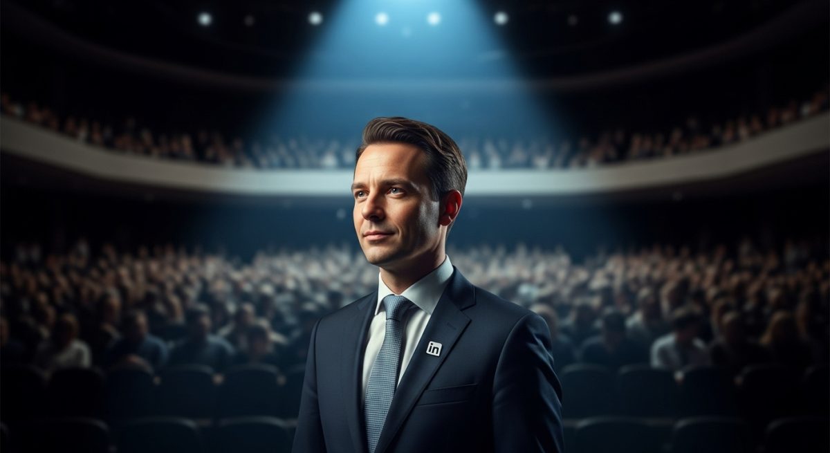 Profesional en traje oscuro con pin de logo de LinkedIn