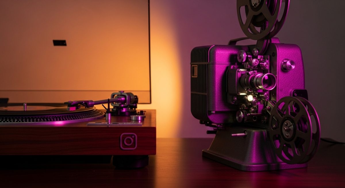 Proyector de cine y tocadiscos sobre mesa de madera oscura