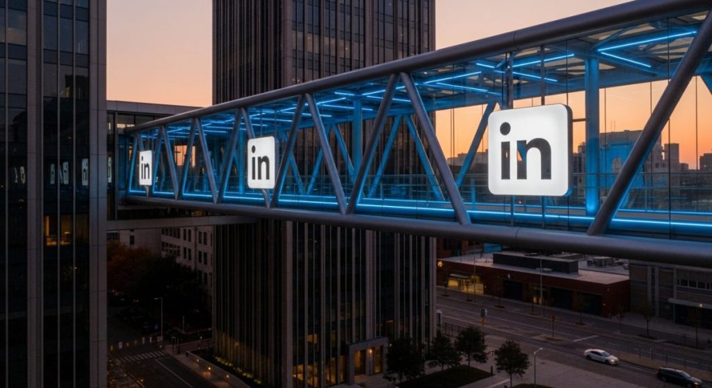 Puente peatonal moderno de acero y vidrio con logo de LinkedIn