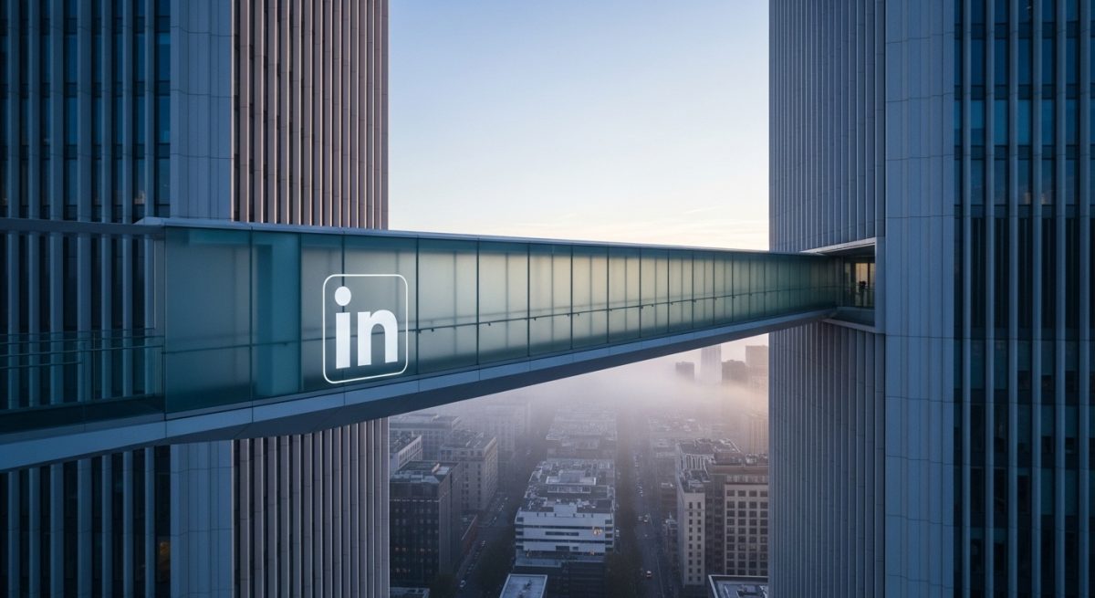 Puente peatonal moderno de concreto blanco con logo de LinkedIn