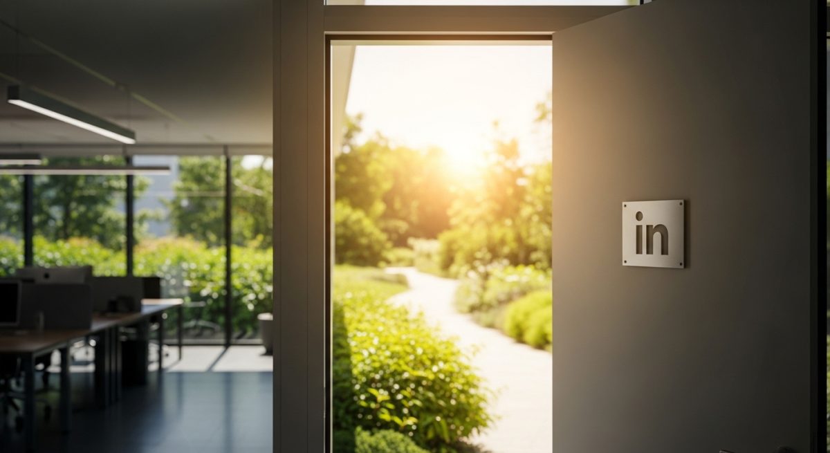 Puerta abierta con logo de LinkedIn en marco moderno
