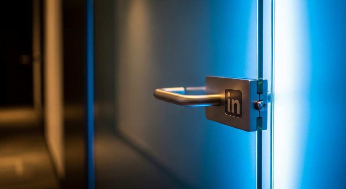 Puerta de oficina de vidrio con logo de LinkedIn en manija