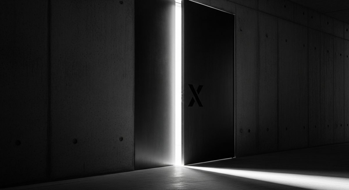Puerta metálica negra con logo 