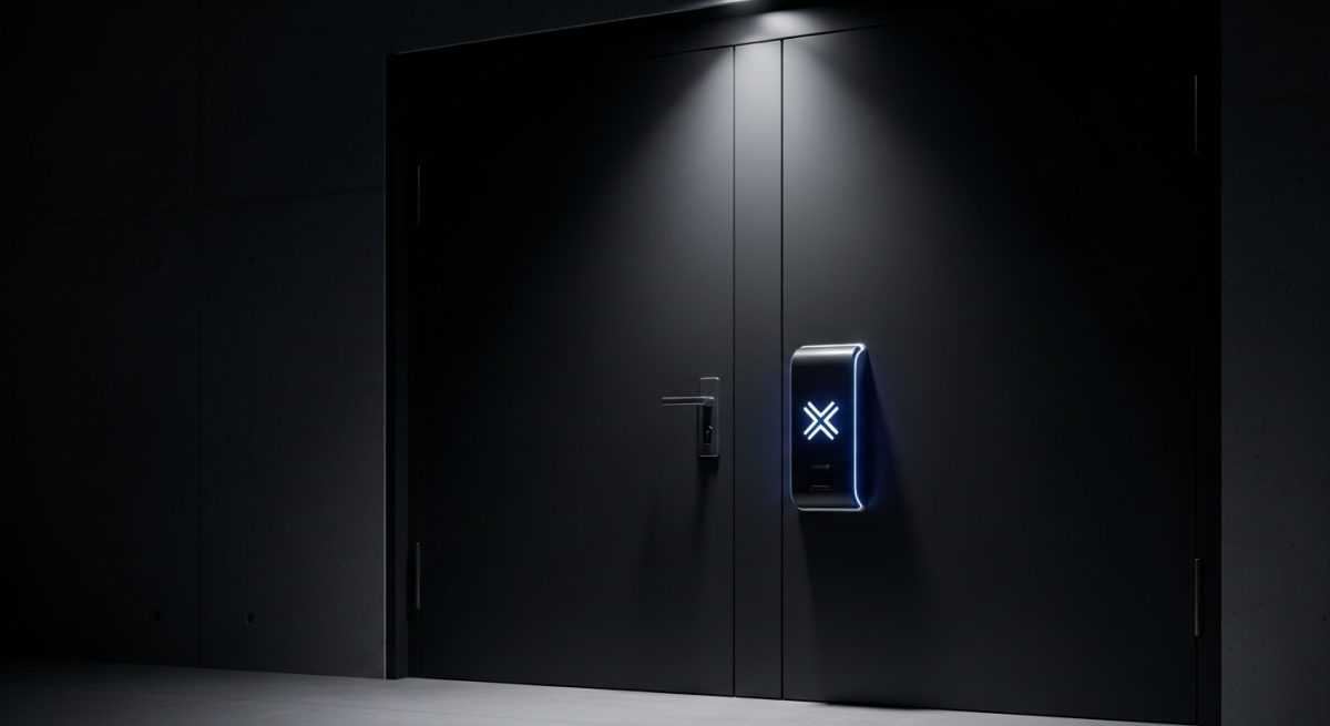 Puerta negra moderna con cerradura electrónica y lector en forma de X