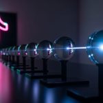 Rayo de luz atravesando lentes sobre mesa de laboratorio oscura