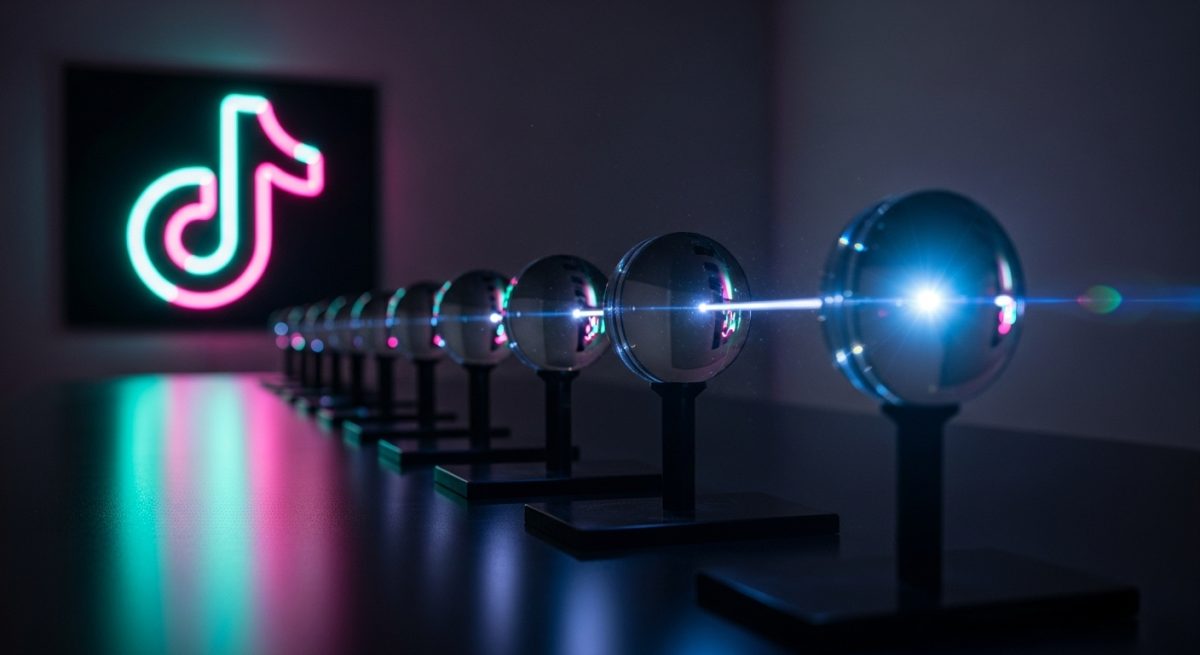 Rayo de luz atravesando lentes sobre mesa de laboratorio oscura