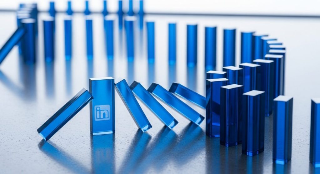 Reacción en cadena de dominós de vidrio azul con logo de LinkedIn