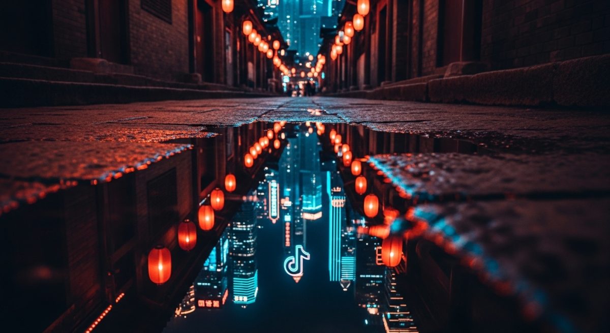 Reflejo en charco de un callejón chino con skyline de TikTok