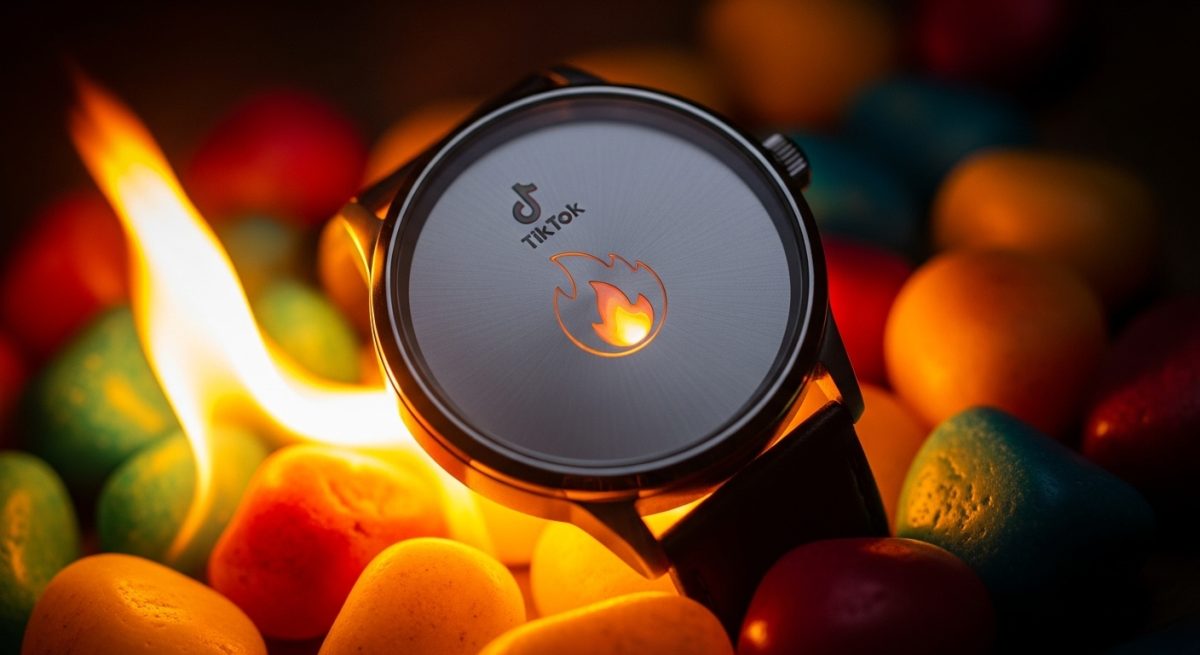 Reloj moderno con logo TikTok y motivo de fuego entre piedras