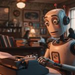 Robot antropomórfico escribiendo en una máquina de escribir en café