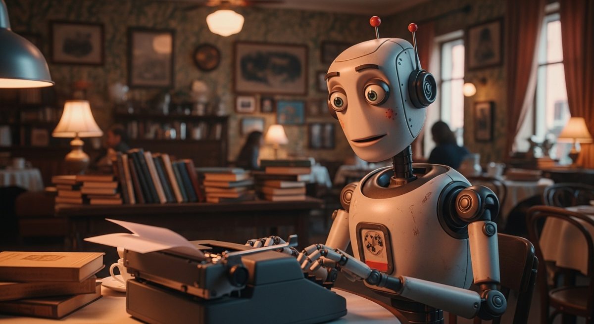 Robot antropomórfico escribiendo en una máquina de escribir en café