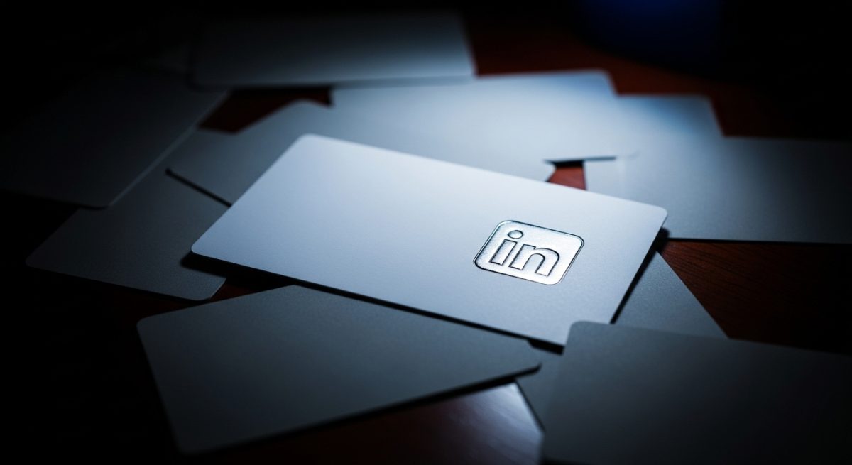Tarjeta de visita blanca con logo de LinkedIn en relieve plateado
