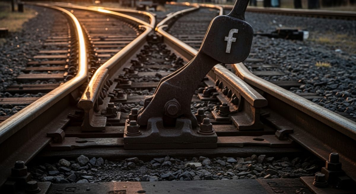 Travesías de tren oxidadas con logo sutil de Facebook visible