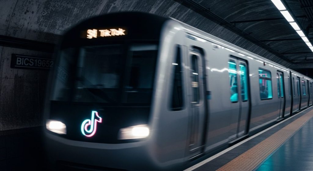 Tren moderno con logo de TikTok en estación de metro oscura