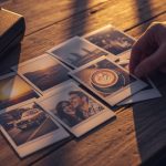 Varios fotos instantáneas con mano colocando última foto en mesa
