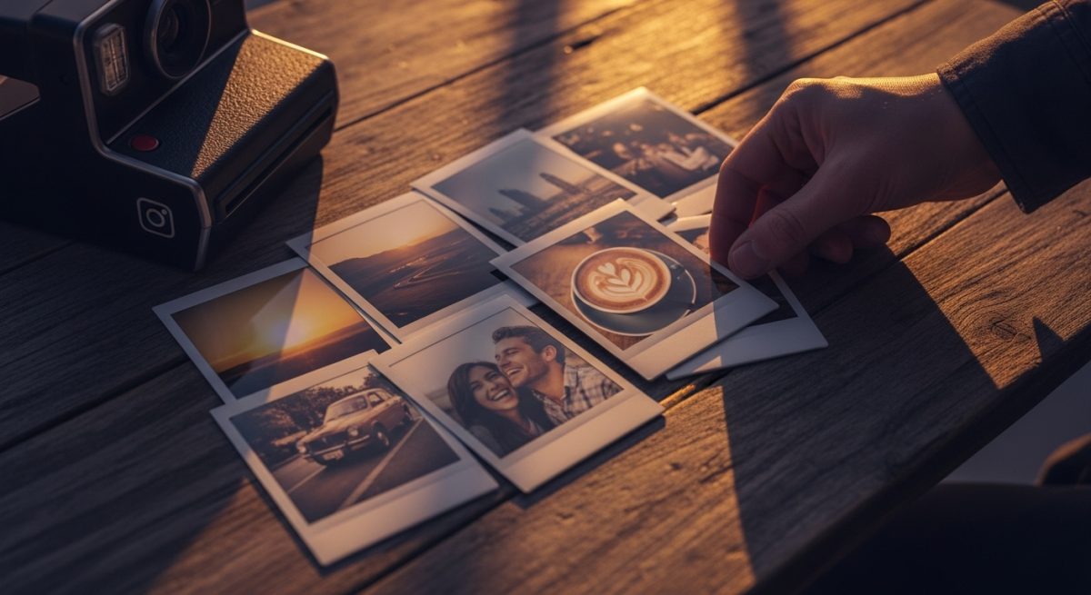 Varios fotos instantáneas con mano colocando última foto en mesa