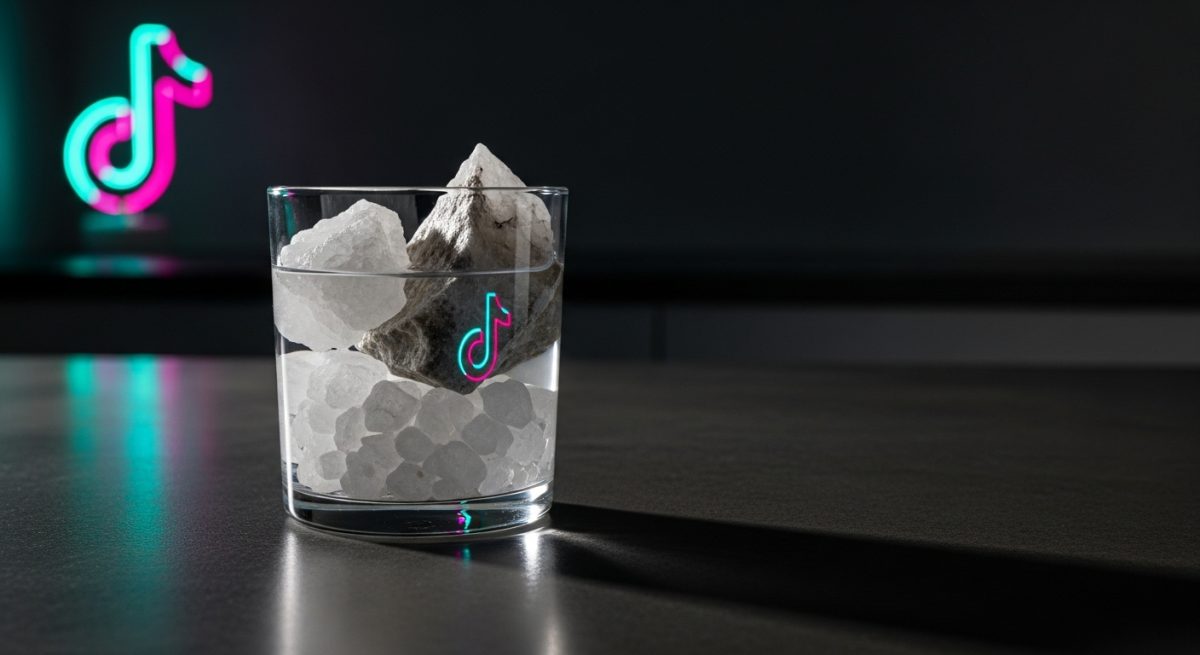 Vaso de agua con cristales de sal sobre encimera moderna