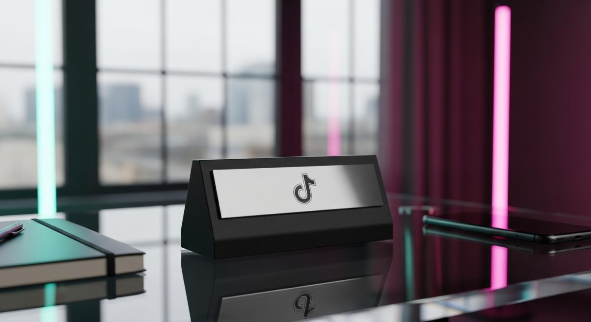 Bloque negro de escritorio con placa TikTok sobre cristal cuaderno