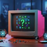 Escritorio moderno con monitor CRT vintage tokens NFT y TikTok