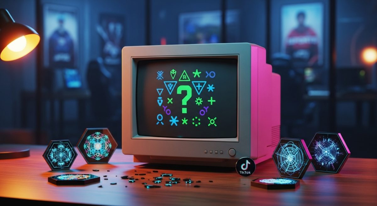 Escritorio moderno con monitor CRT vintage tokens NFT y TikTok