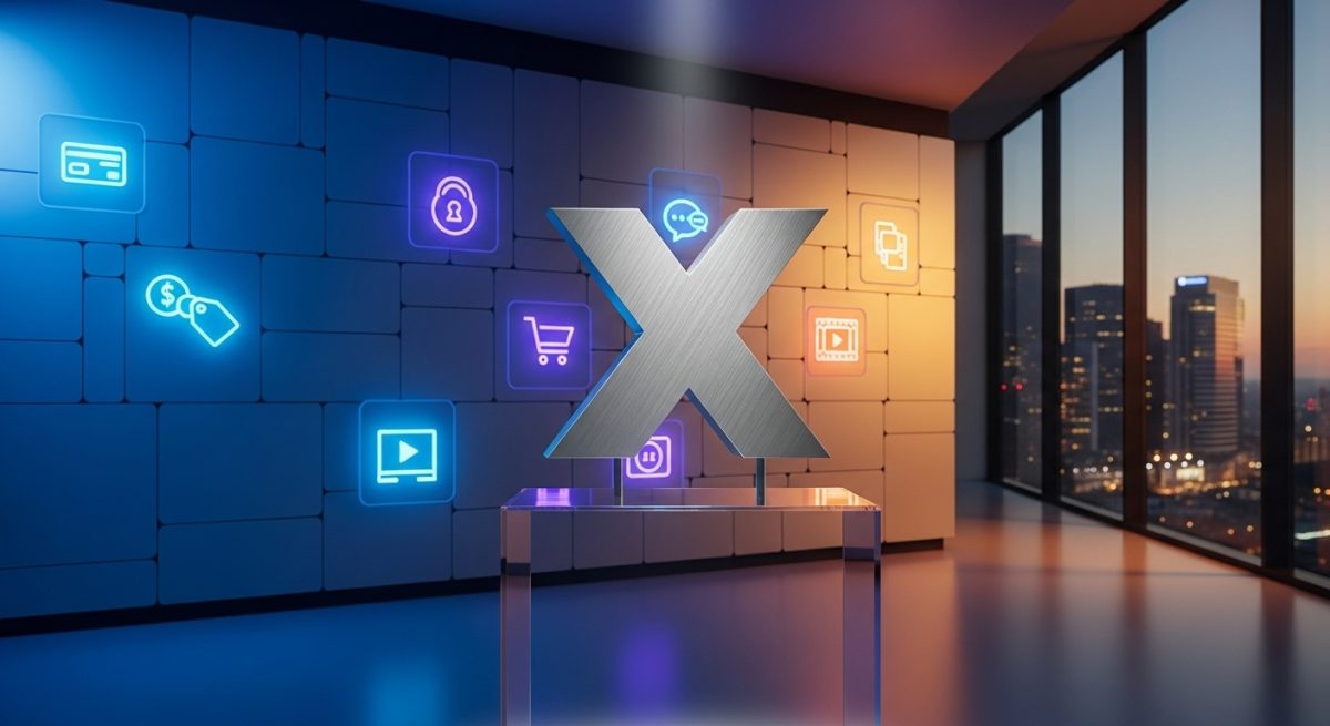 Escultura del logo X sobre pedestal de cristal en showroom