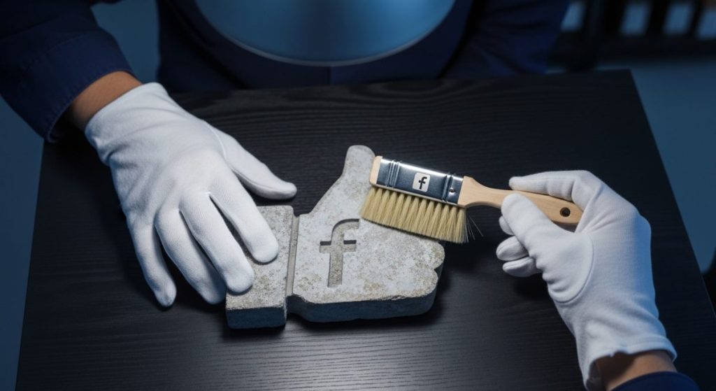Manos con guantes blancos limpiando un ícono de Facebook Like
