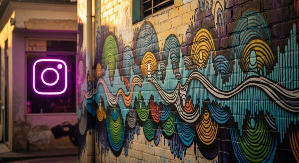 Mural de graffiti vibrante en pared de ladrillo con luz dorada