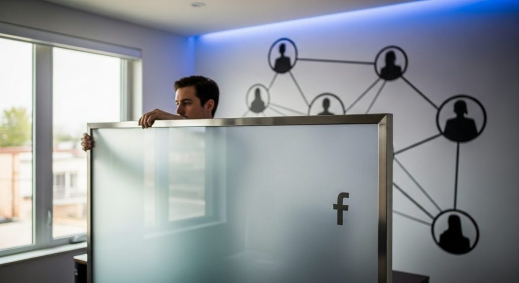 Persona en oficina ajusta panel de vidrio esmerilado con Facebook