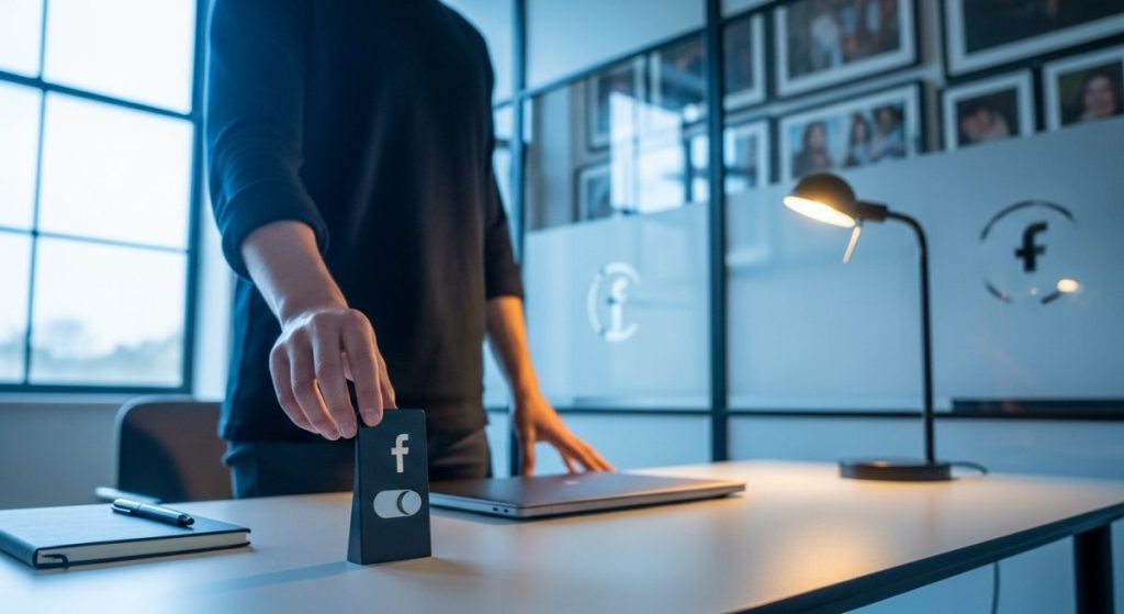 Persona en oficina minimalista ajusta interruptor de privacidad con Facebook