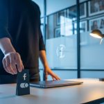 Persona en oficina minimalista ajusta interruptor de privacidad con Facebook