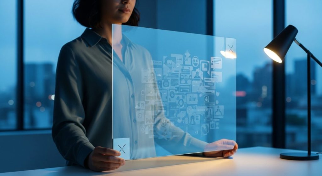 Persona sosteniendo panel translúcido de privacidad con logo X grabado