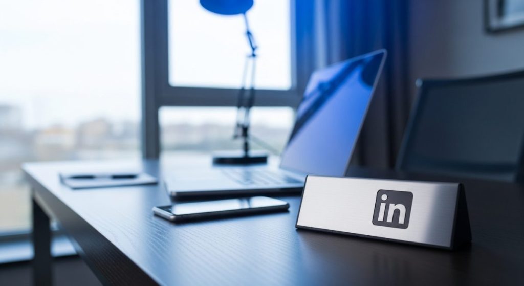 Placa de escritorio metálica con logo LinkedIn en primer plano