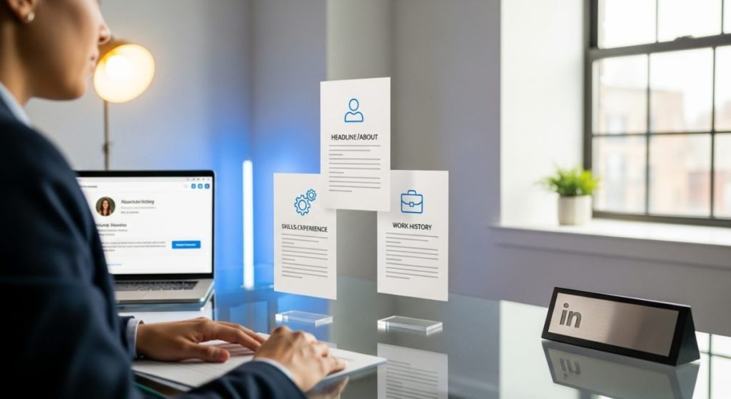Profesional ante escritorio de vidrio con tres tarjetas currículum LinkedIn