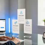 Profesional ante escritorio de vidrio con tres tarjetas currículum LinkedIn