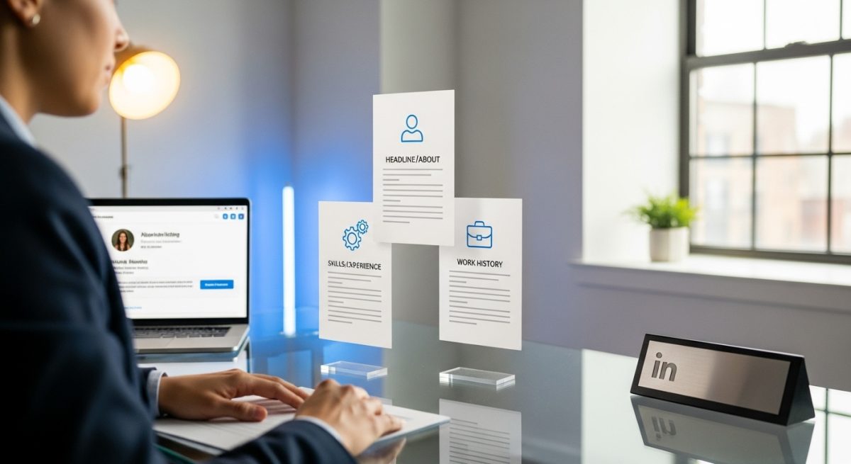 Profesional ante escritorio de vidrio con tres tarjetas currículum LinkedIn