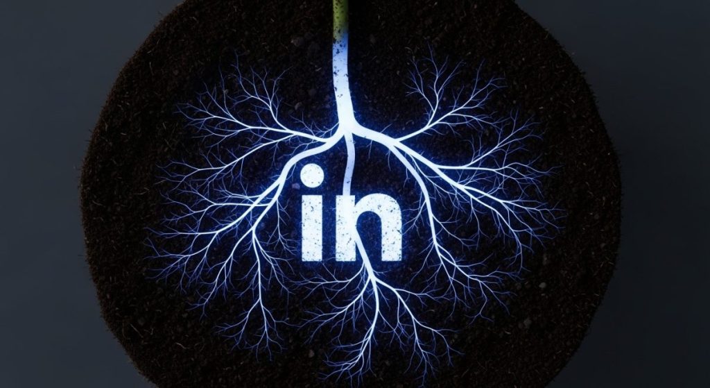 Sistema de raíces brillantes formando el logo de LinkedIn minimalist