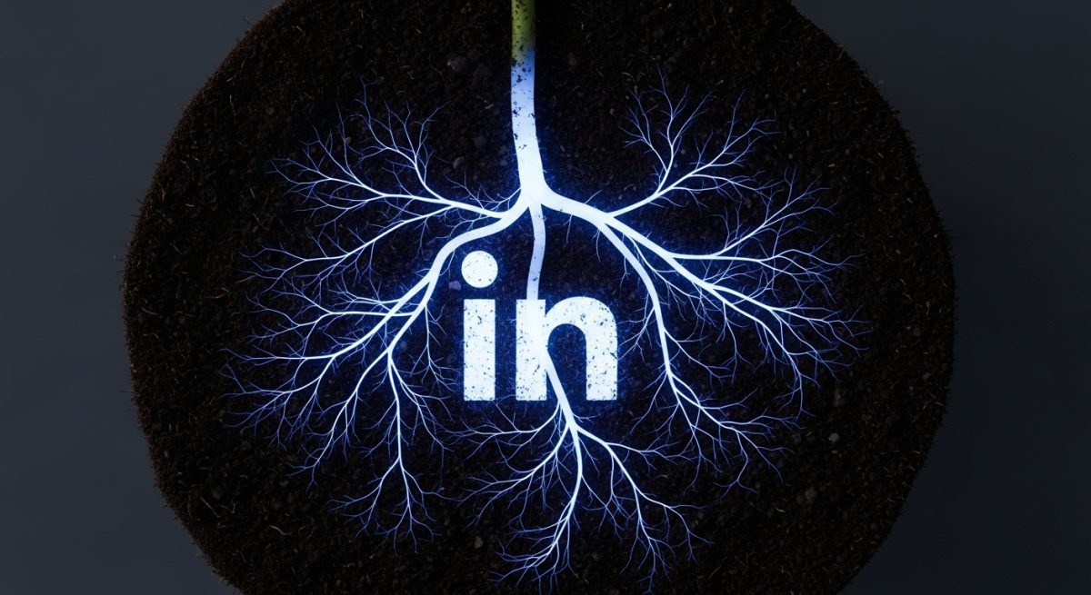 Sistema de raíces brillantes formando el logo de LinkedIn minimalist